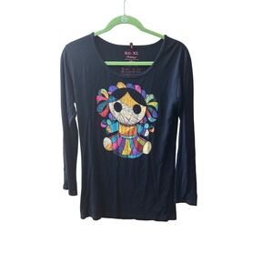 AYGÜEY Cultura Embroidered Doll Long‎ Sleeve T-Shirt XG-XL Black Viscose Spandex